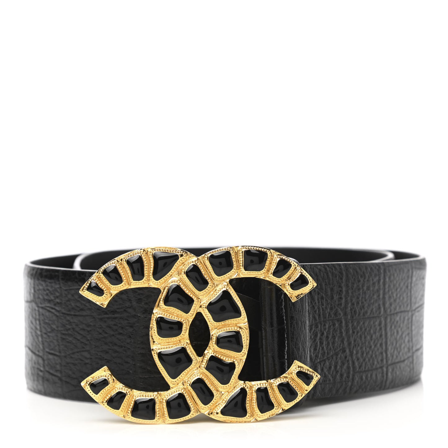 Crocodile Embossed Calfskin Gripoix Poured Glass Along The Nile CC Belt 80 32 Black