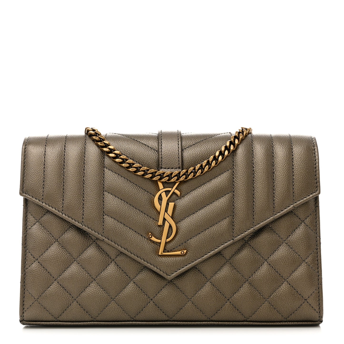 Metallic Grain De Poudre Mixed Matelasse Triquilt Monogram Chain Wallet Piombo
