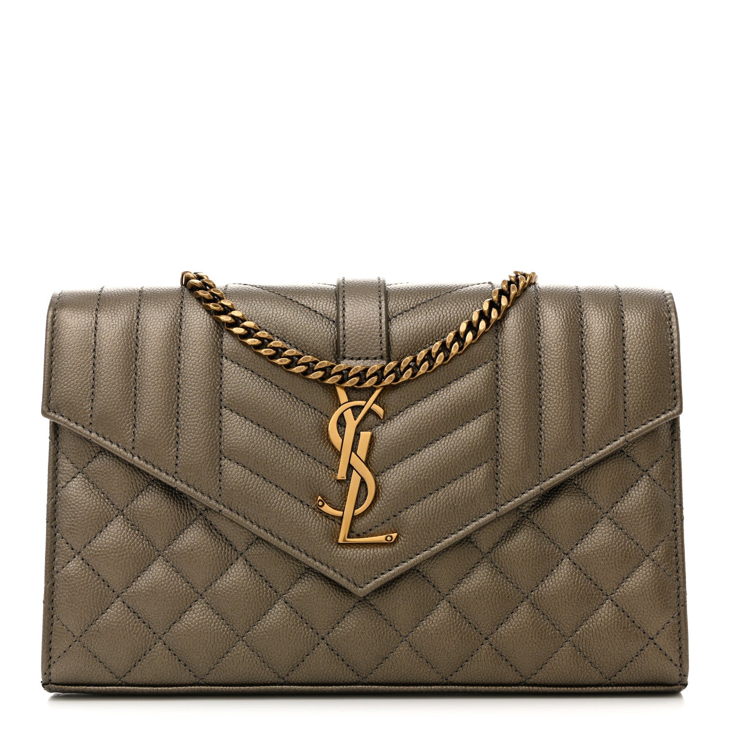 Saint Laurent Metallic Grain De Poudre Mixed Matelasse Triquilt Monogram Chain Wallet Piombo 1 of 16