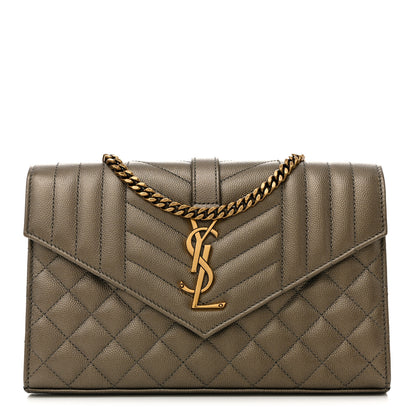 Saint Laurent Metallic Grain De Poudre Mixed Matelasse Triquilt Monogram Chain Wallet Piombo 1 of 16