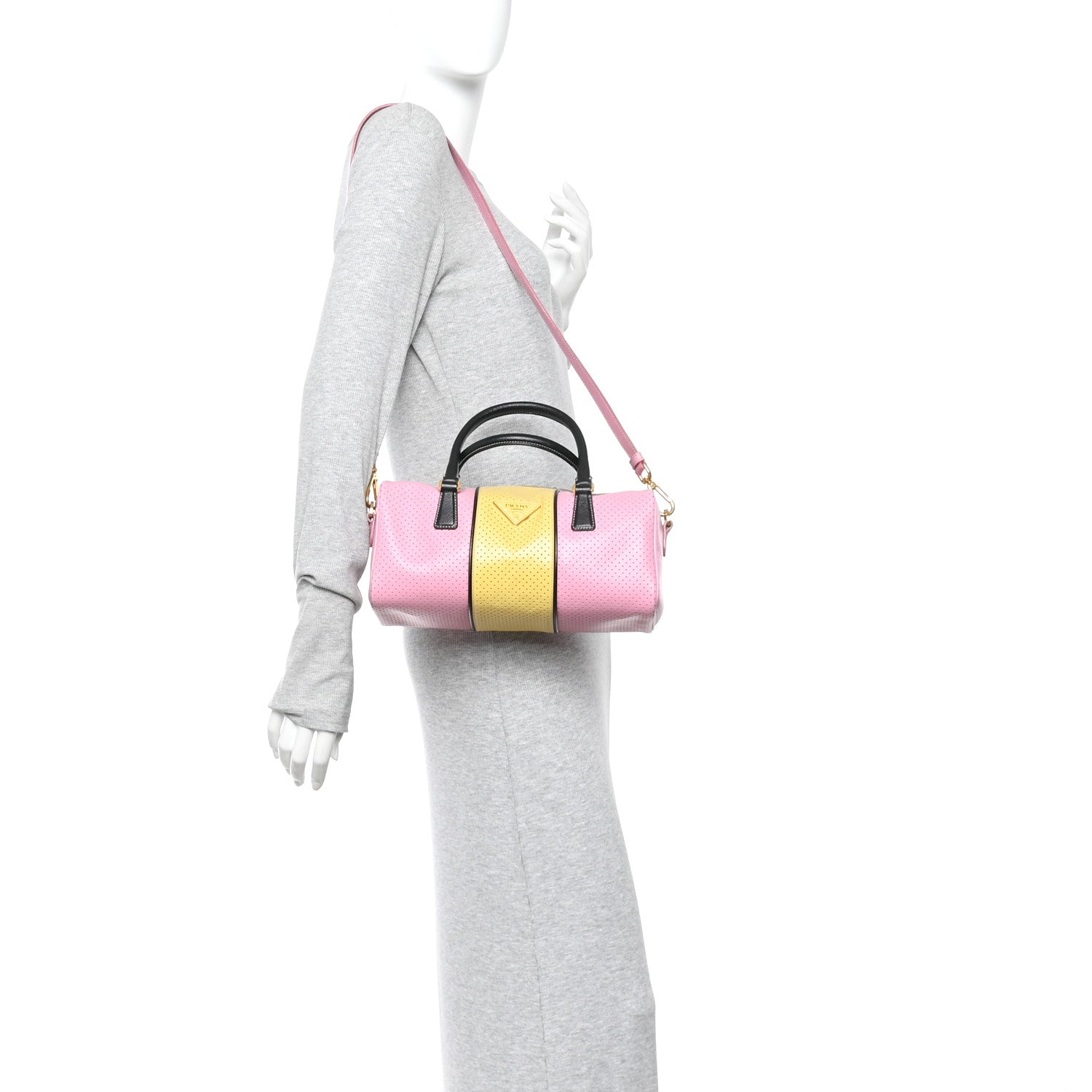 Prada Saffiano Perforated Striped Shoulder Bag Pink Yellow Black 2 of 15