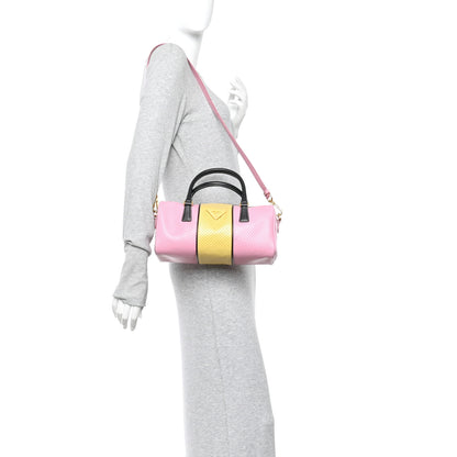 Prada Saffiano Perforated Striped Shoulder Bag Pink Yellow Black 2 of 15