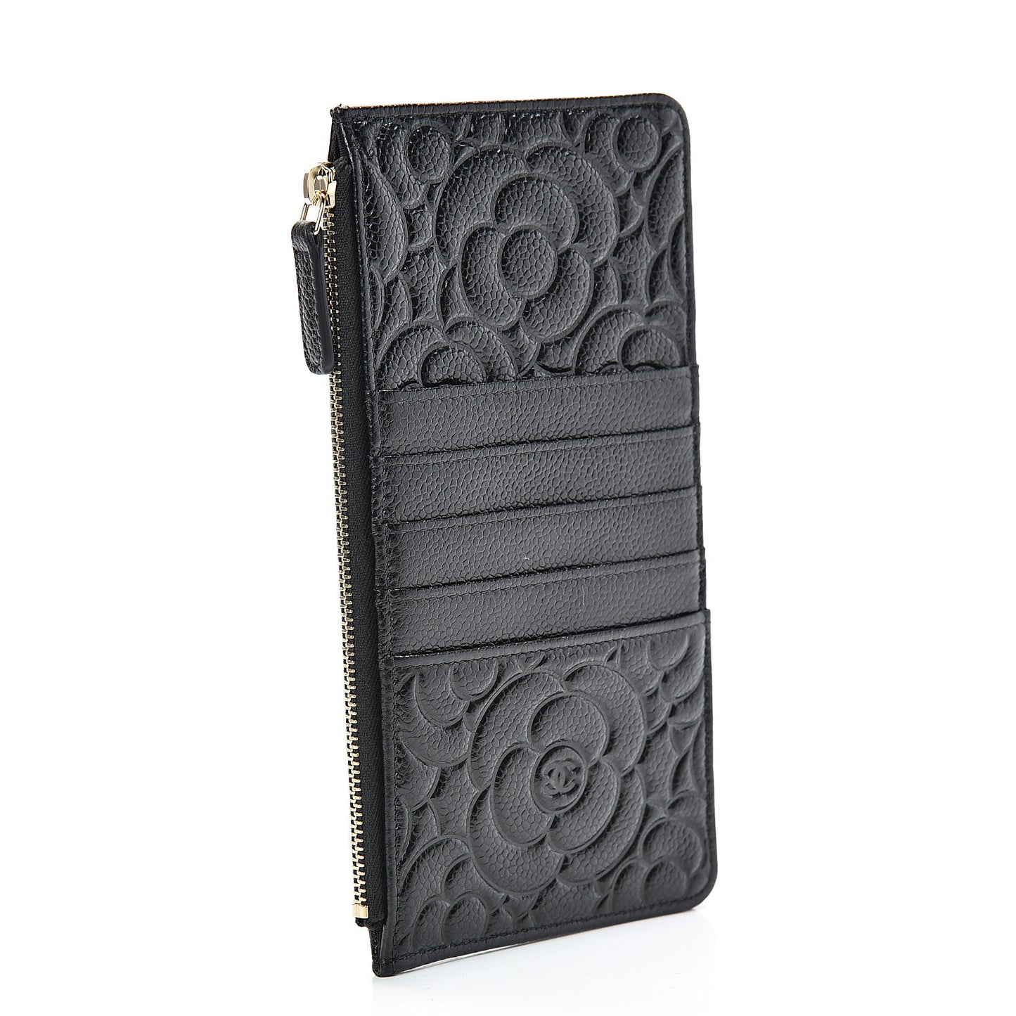 Caviar Camellia Embossed Classic Flat Wallet Pouch Black