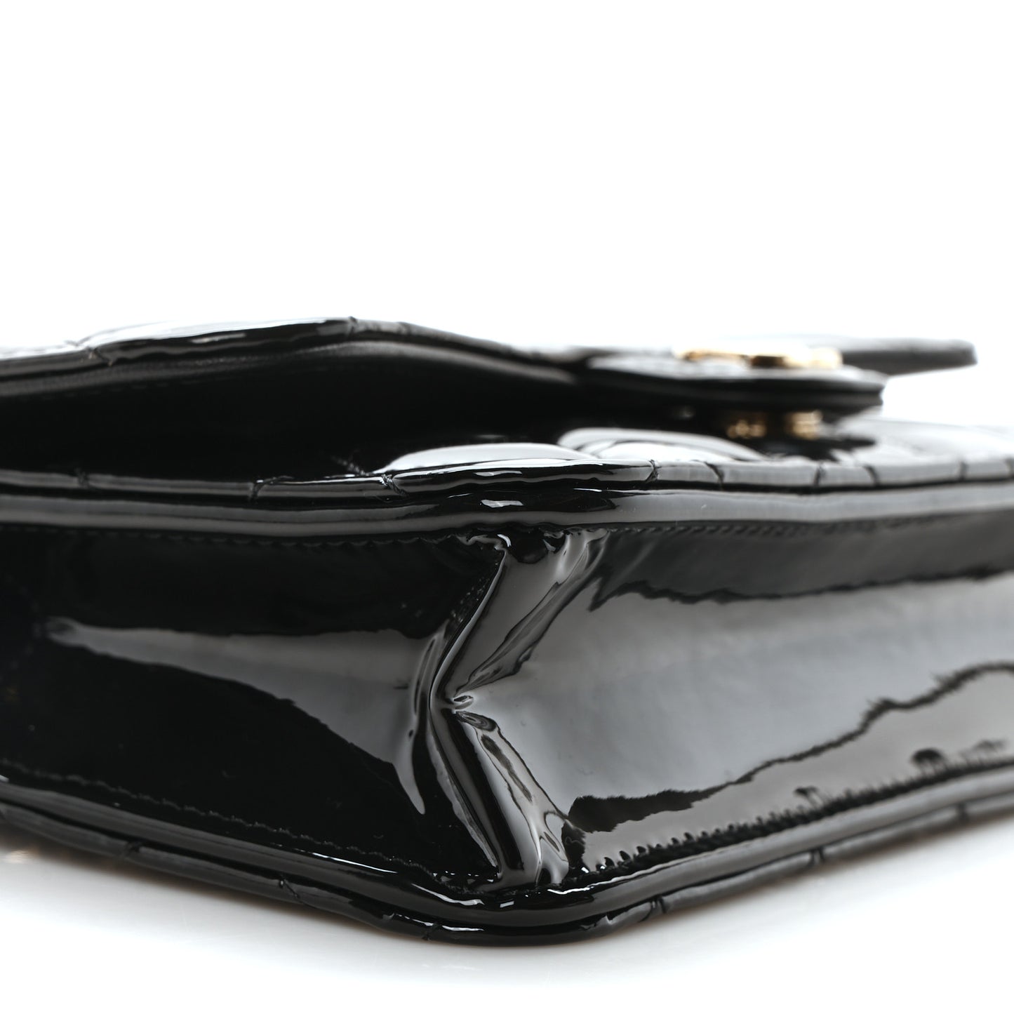 Patent Calfskin Quilted Flap Phone Holder With Chain Black