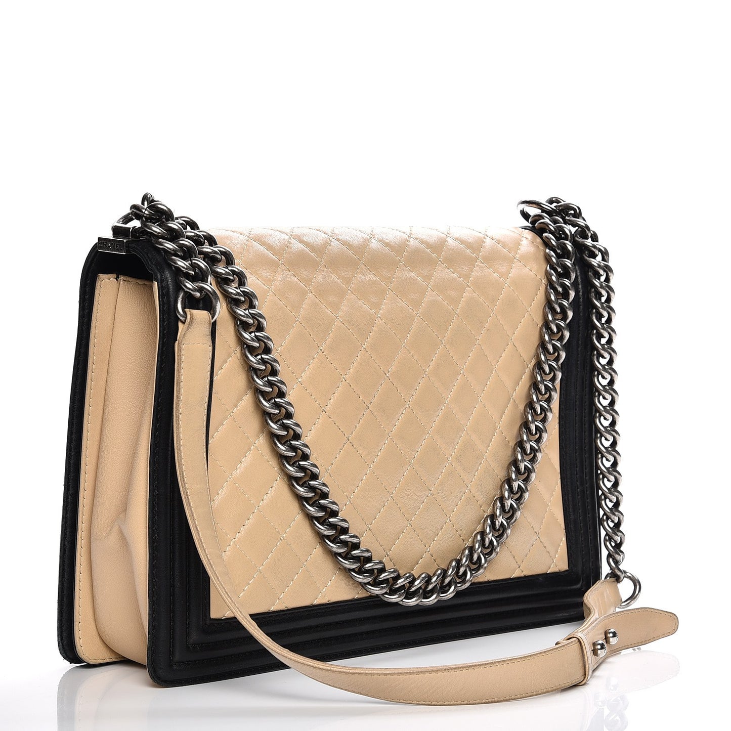 Lambskin Quilted Large Boy Flap Beige Black