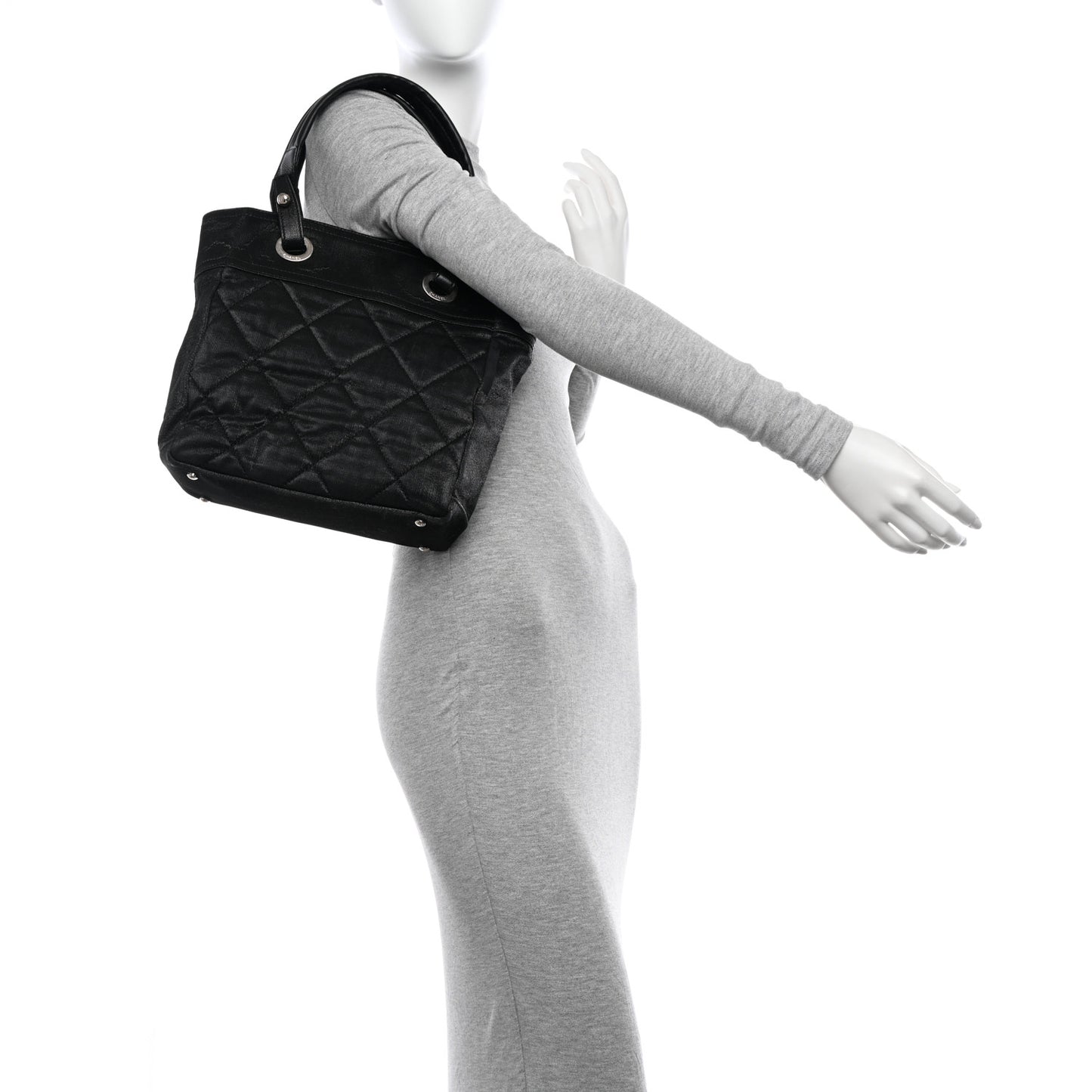 Metallic Coated Canvas Quilted Small Paris Biarritz Tote Black