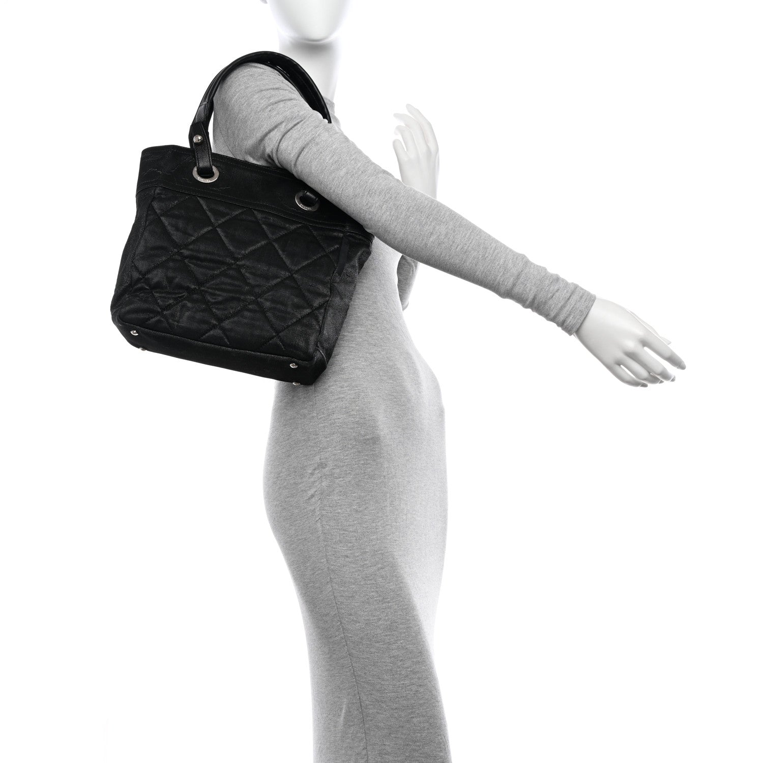 Chanel Metallic Coated Canvas Quilted Small Paris Biarritz Tote Black 2 of 10