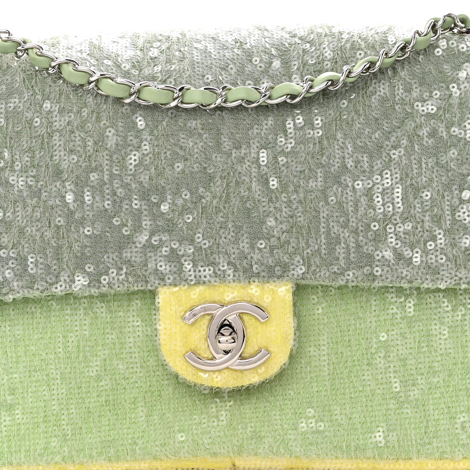 Chanel Sequin Large Waterfall Flap Green Light Green Yellow 7 of 9