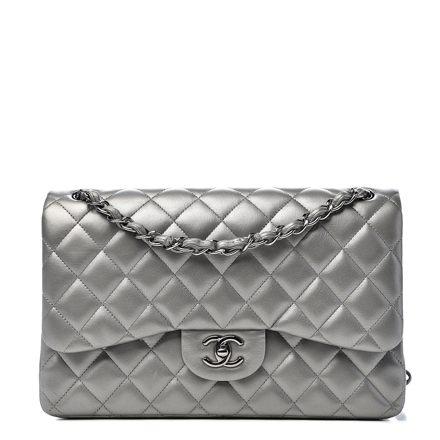 Metallic Calfskin Quilted Jumbo Double Flap Silver