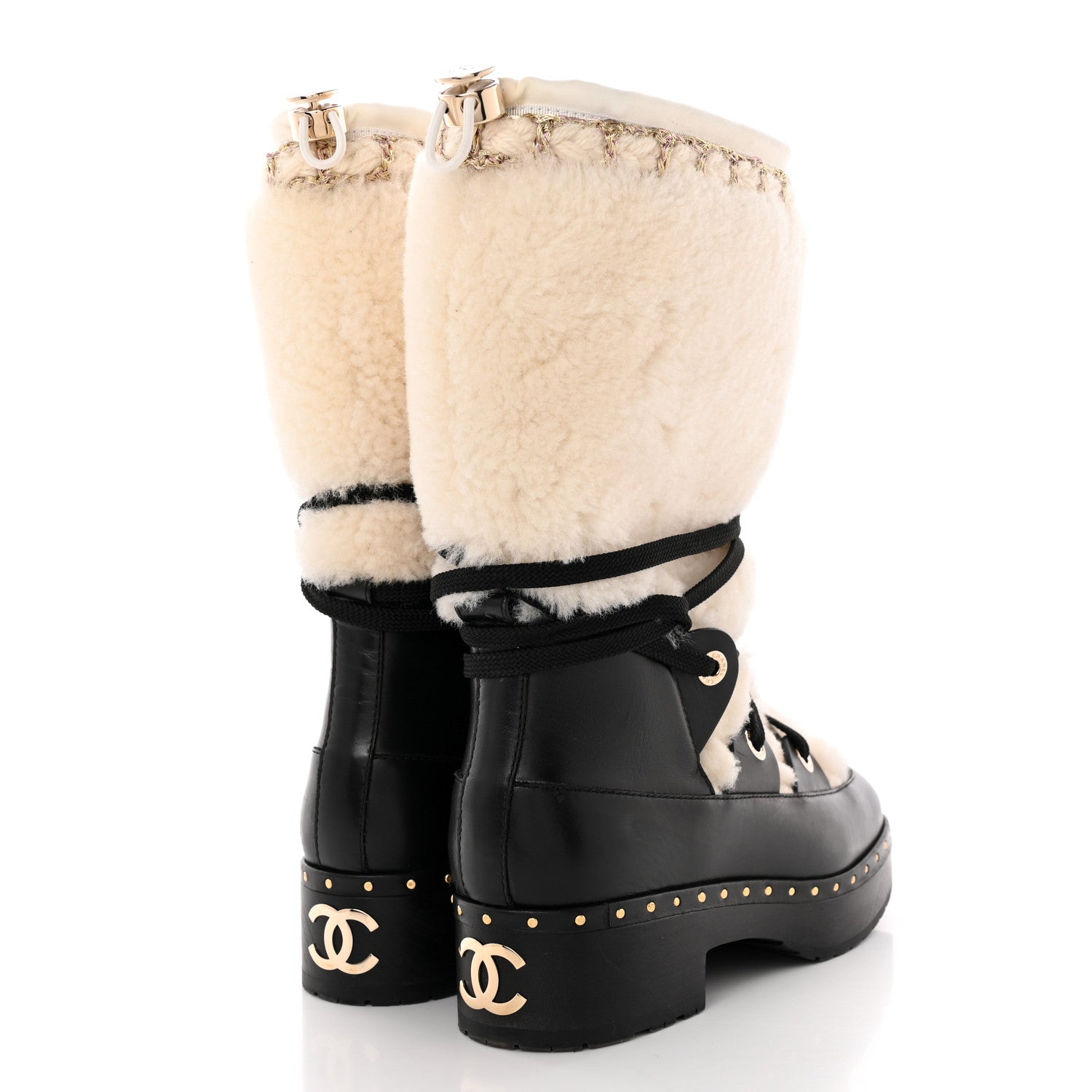 Chanel Shearling Chain Studded CC High Boot 37 White Black 4 of 16