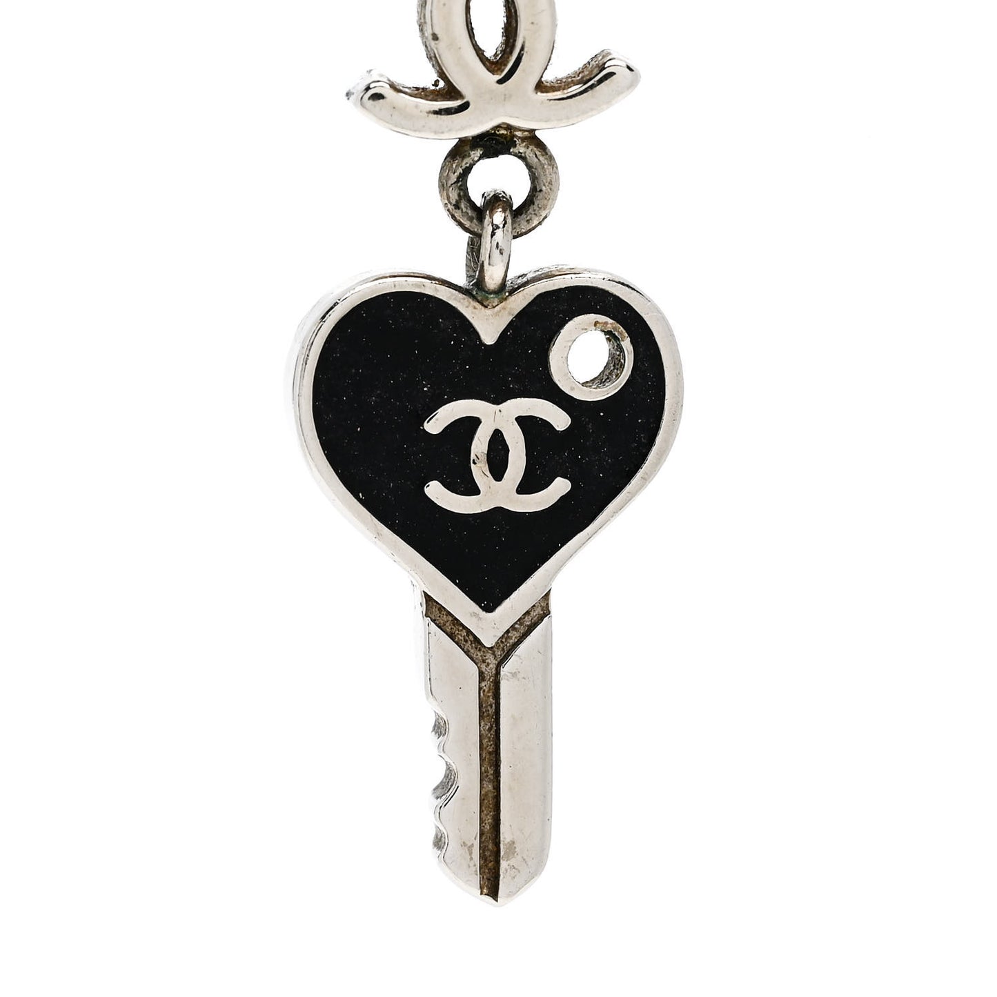 Enamel Heart Key CC Drop Earrings Black Silver