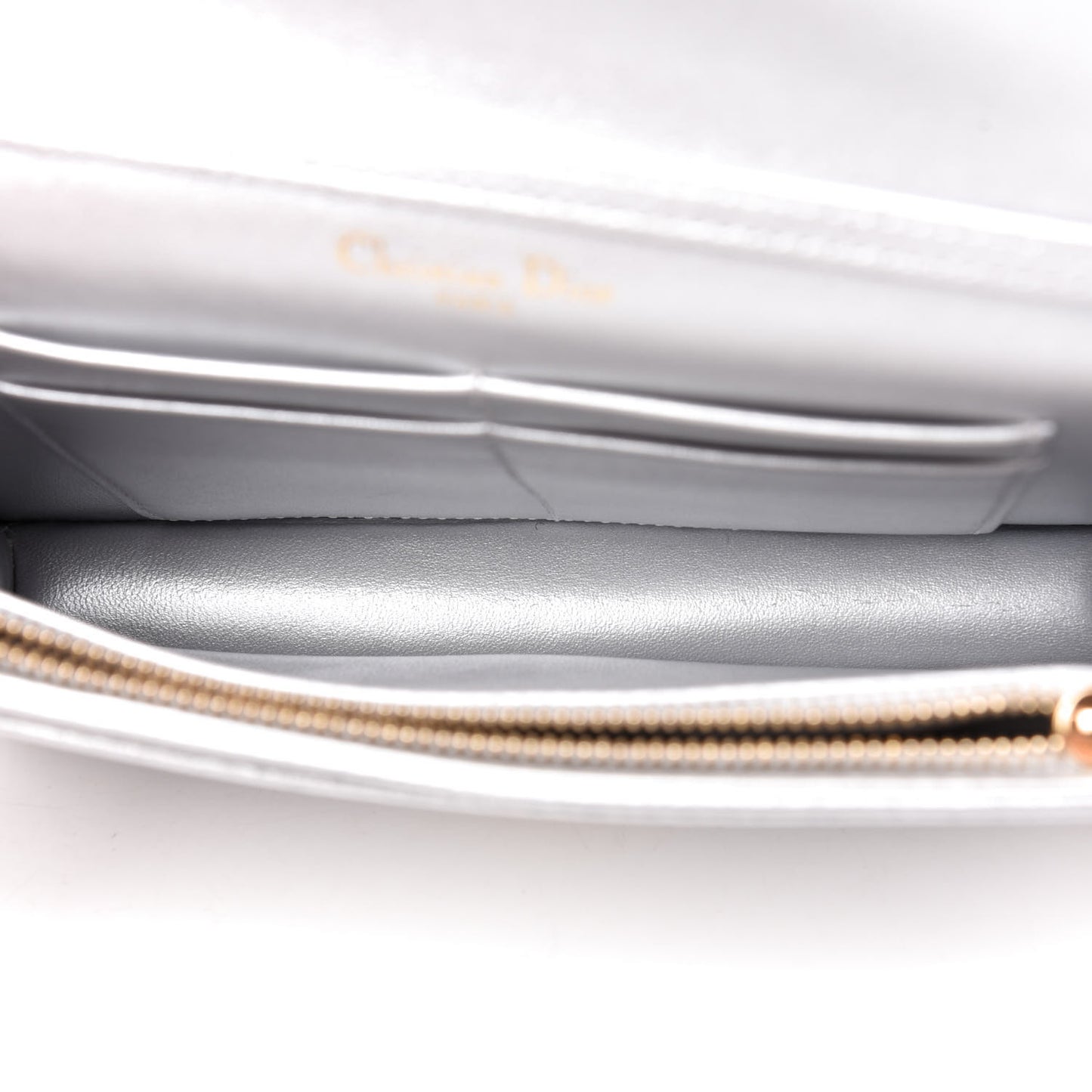 Metallic Grained Calfskin Diorama Wallet on Chain Pouch Silver