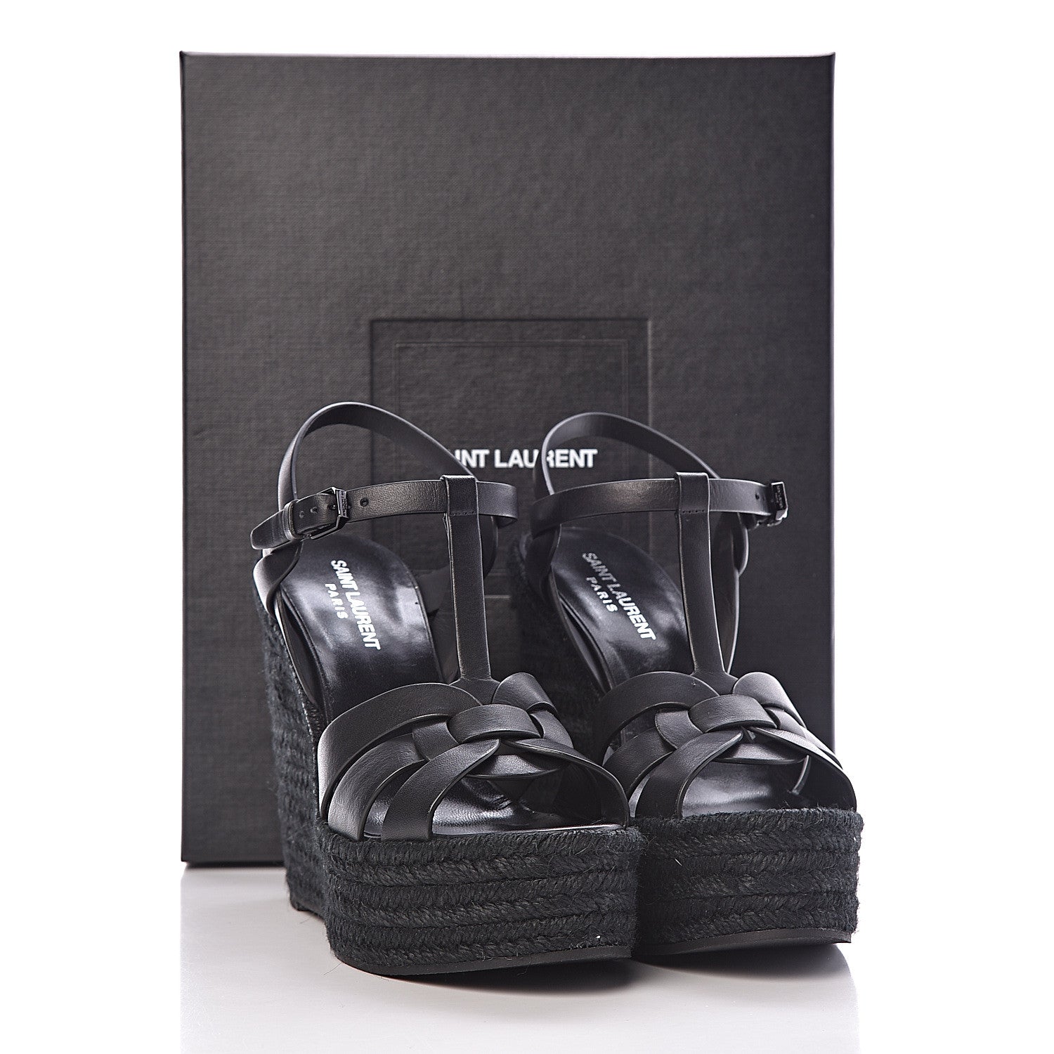 Saint Laurent Calfskin Tribute 95 Platform Espadrille Wedge Sandals 38.5 Black 9 of 9
