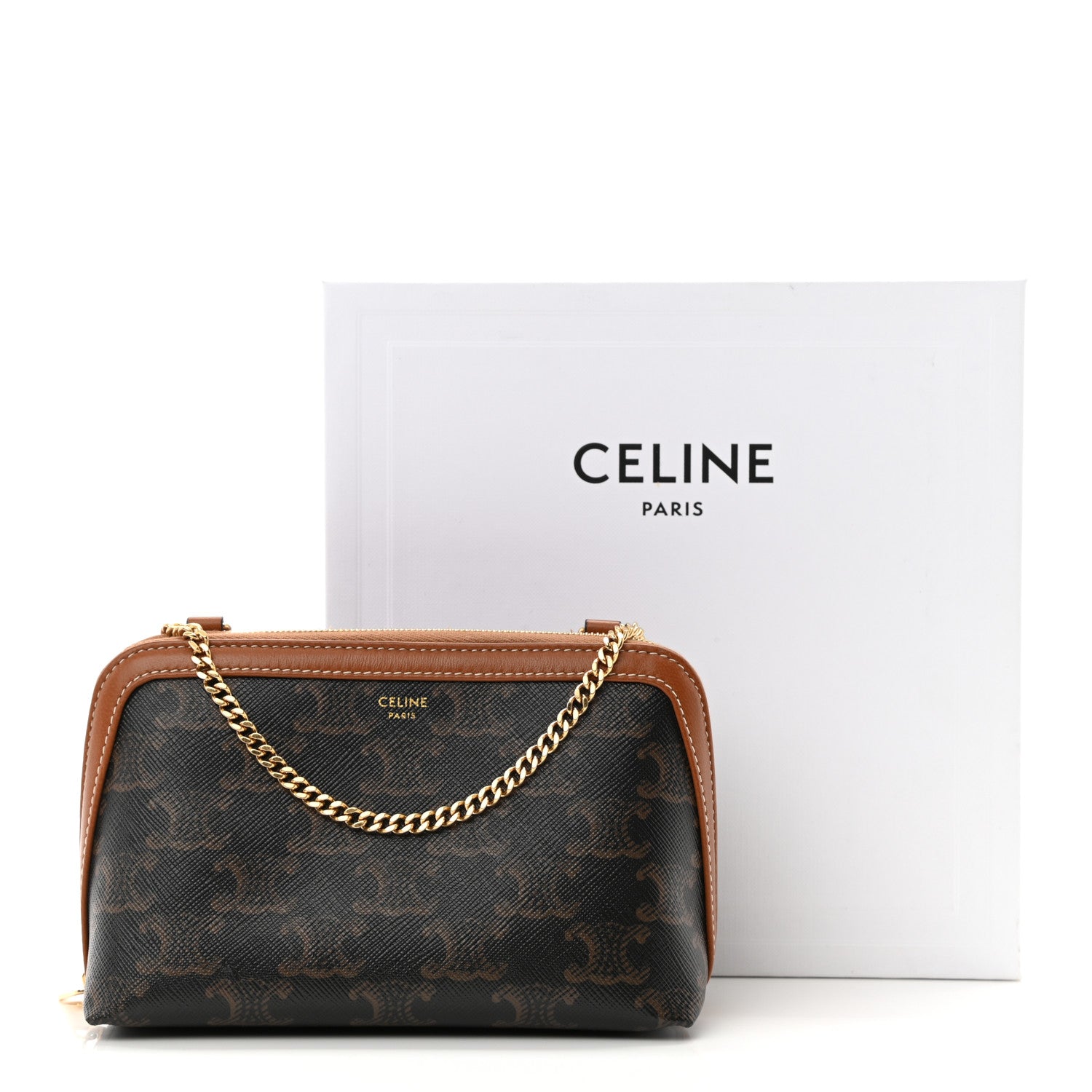 Celine Triomphe Canvas Calfskin Mini Clutch on Chain Tan 10 of 10