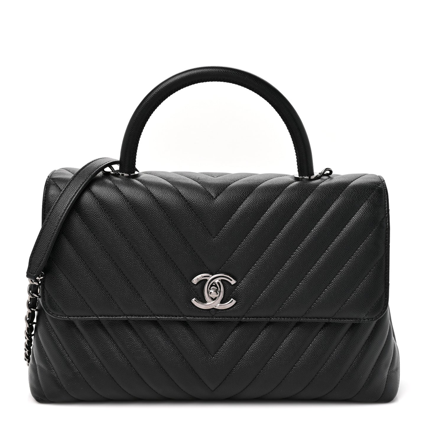 Caviar Chevron Quilted Medium Coco Handle Flap Black
