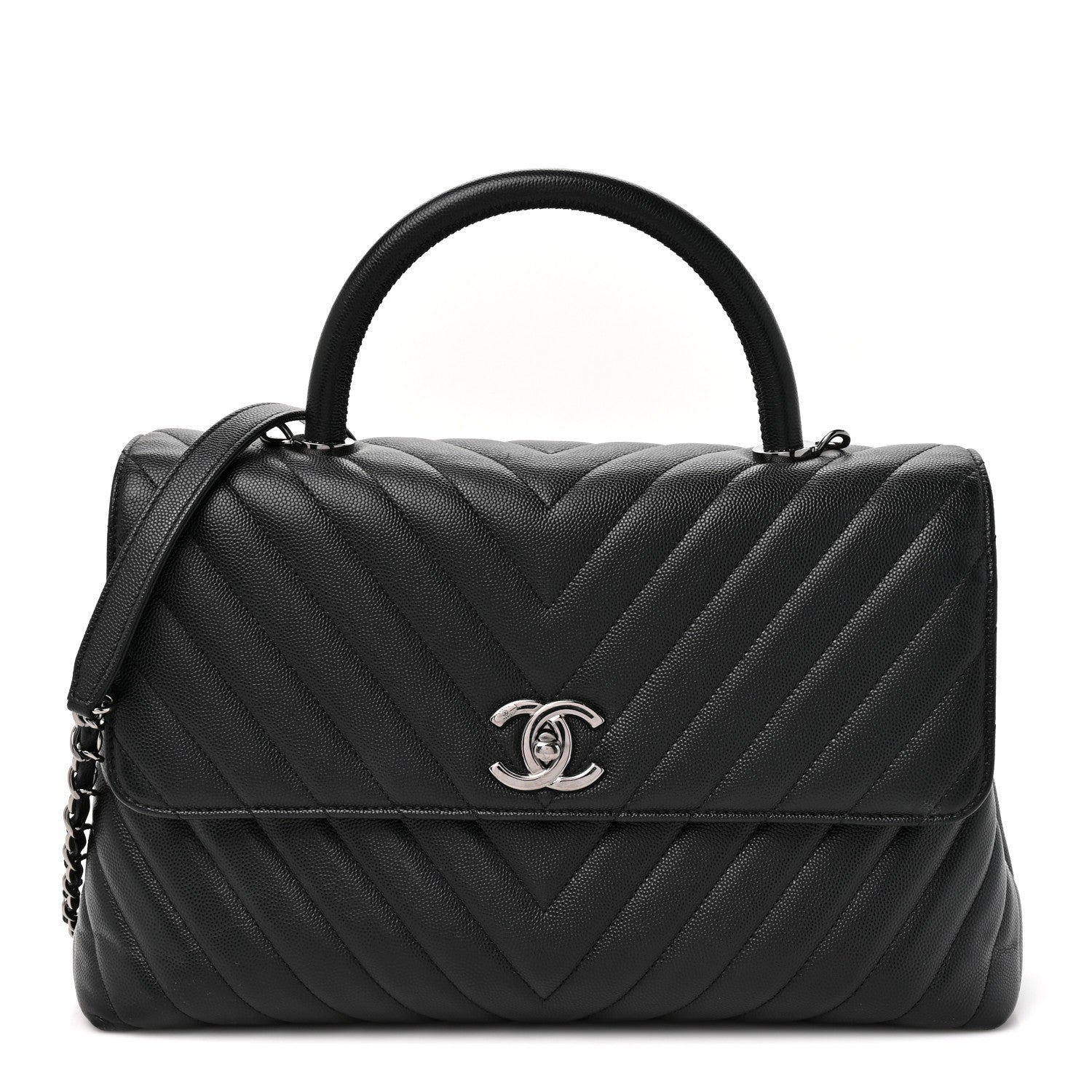 Chanel Caviar Chevron Quilted Medium Coco Handle Flap Black 1 of 12