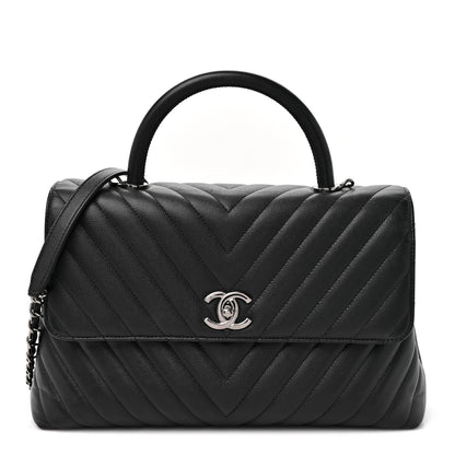 Chanel Caviar Chevron Quilted Medium Coco Handle Flap Black 1 of 12