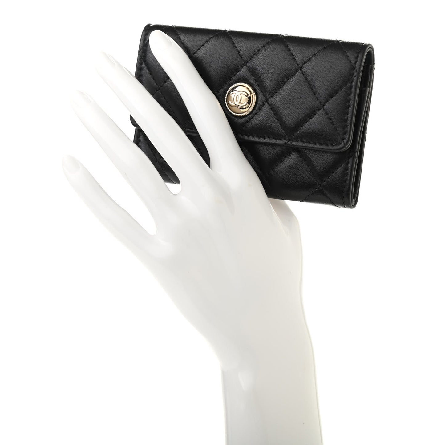 Lambskin Quilted CC Button Flap Card Holder Black
