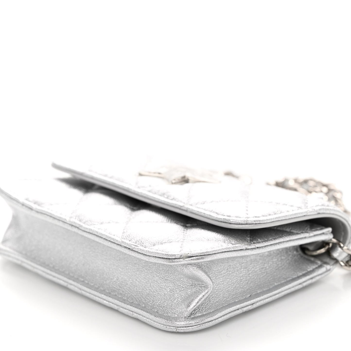 Metallic Goatskin Quilted Crystal CC Walk Of Fame Clutch With Chain Silver
