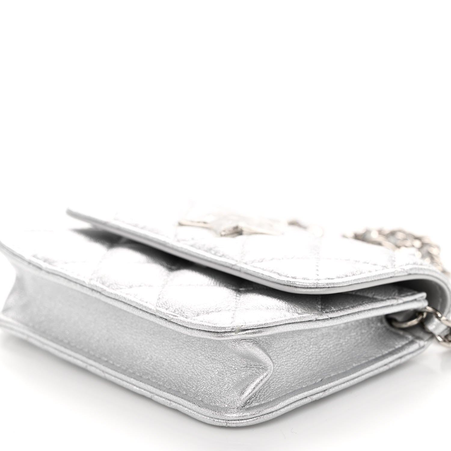 Chanel Metallic Goatskin Quilted Crystal CC Walk Of Fame Clutch With Chain Silver 12 of 13