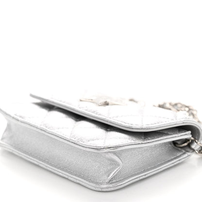 Chanel Metallic Goatskin Quilted Crystal CC Walk Of Fame Clutch With Chain Silver 12 of 13