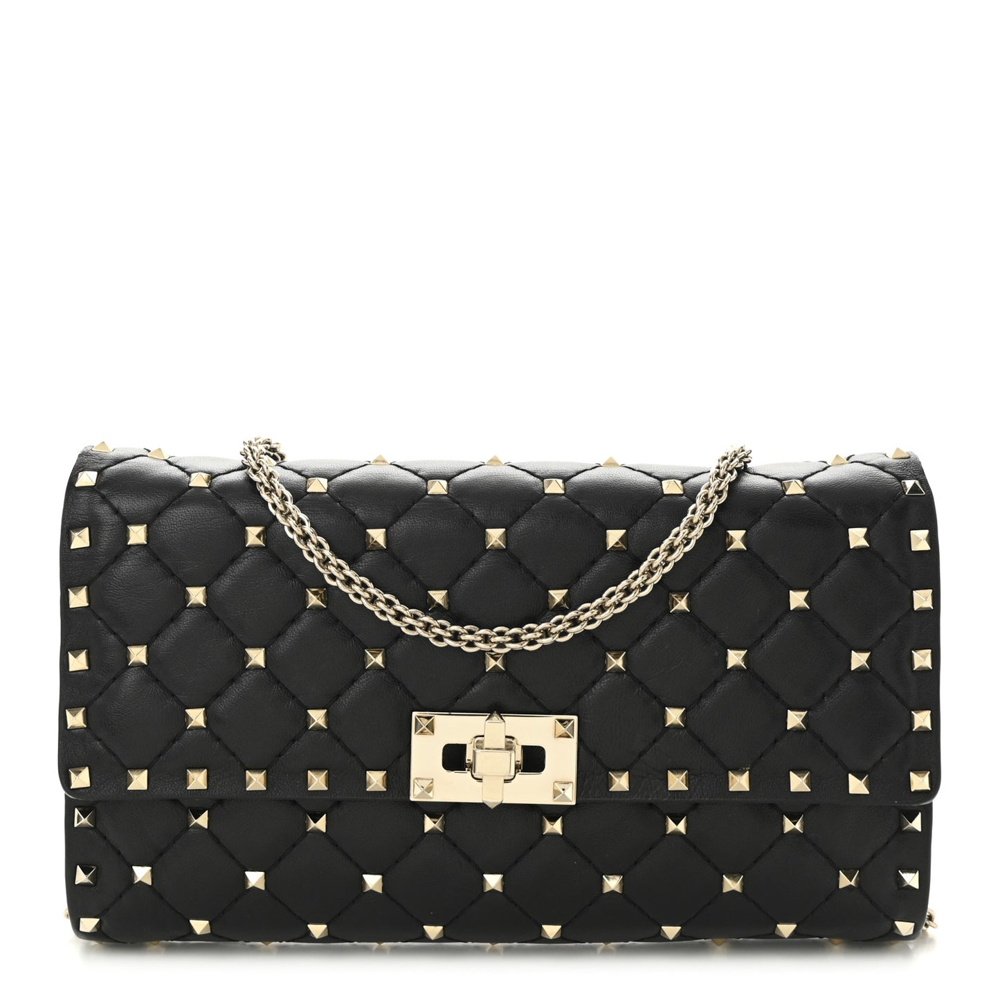 Lambskin Rockstud Spike Wallet on Chain Black