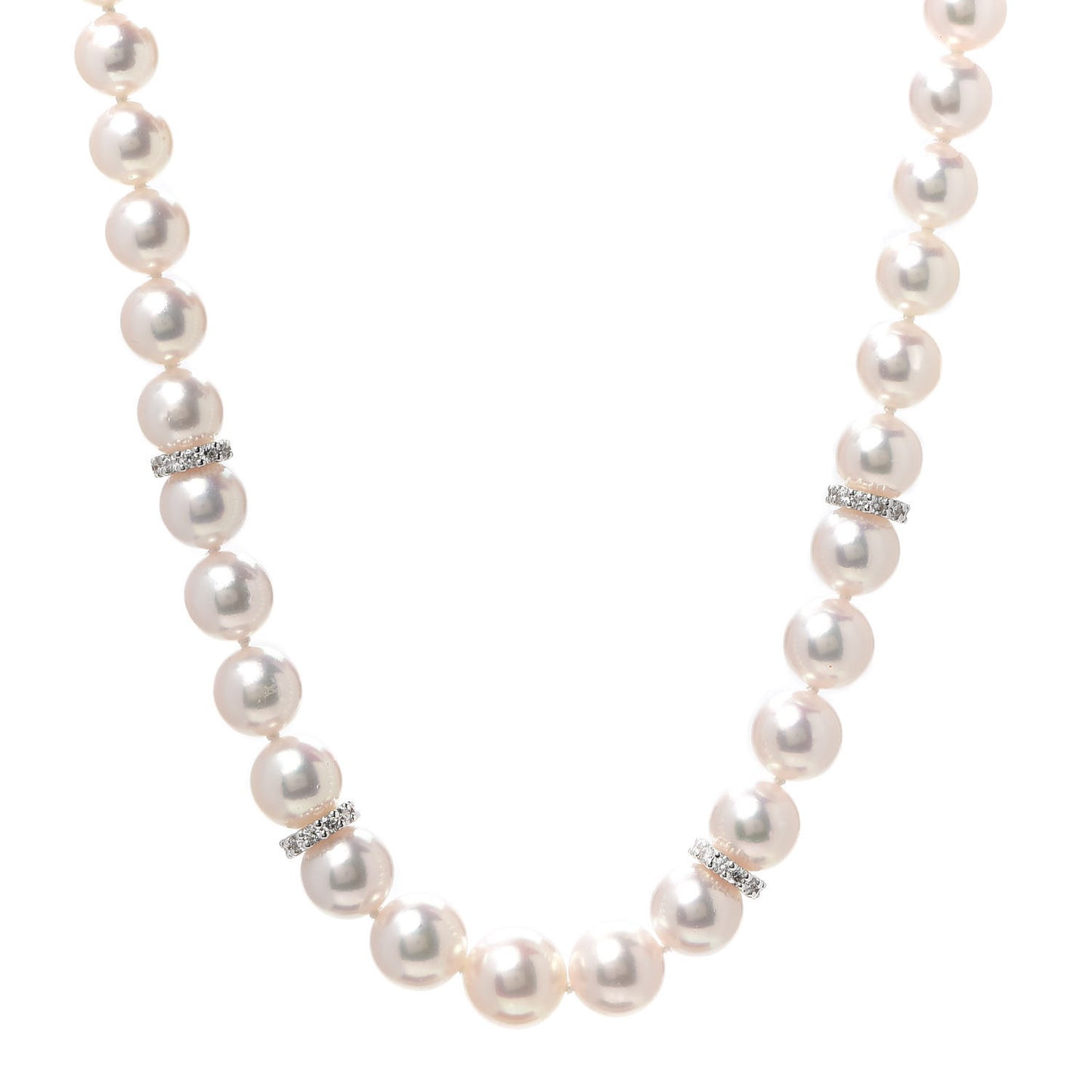 18K White Gold Diamond Akoya Pearl 7-9mm Graduated Strand Rondelle Necklace