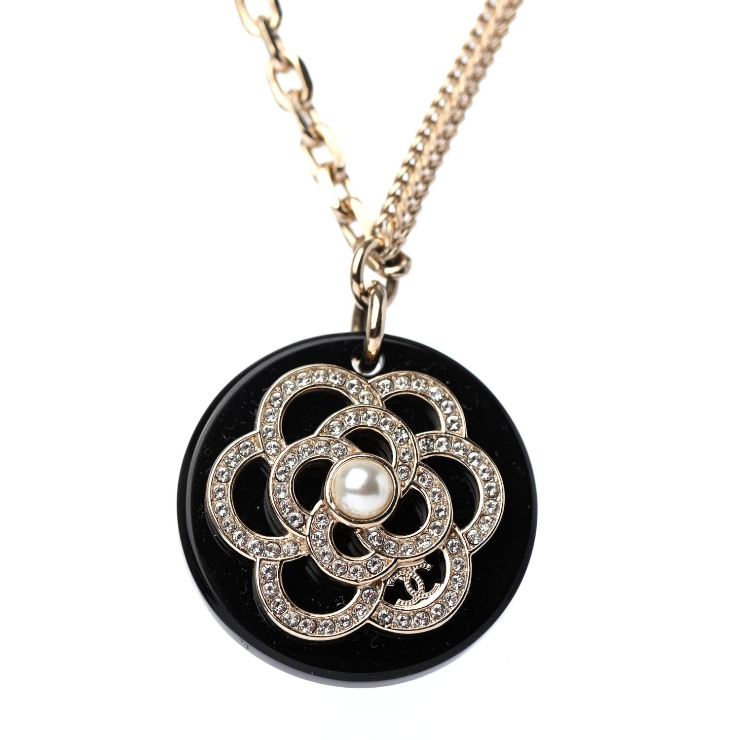 Chanel Resin Pearl Crystal Camellia CC Necklace Black Gold 3 of 4