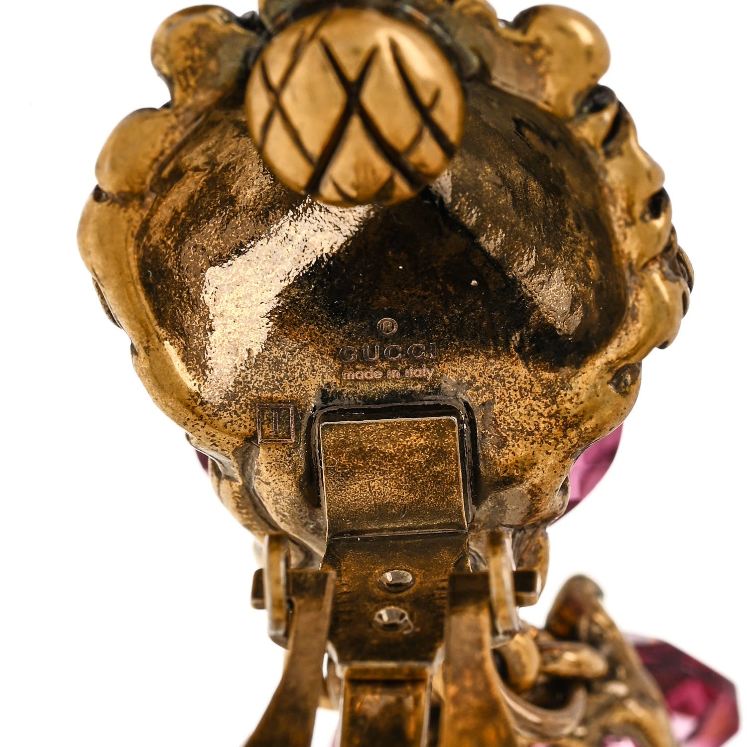 Gucci Crystal Metal Lionhead Drop Earrings Rosa Aged Gold 4 of 4