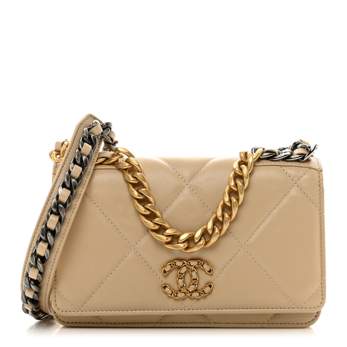 Lambskin Quilted Chanel 19 Wallet On Chain WOC Beige