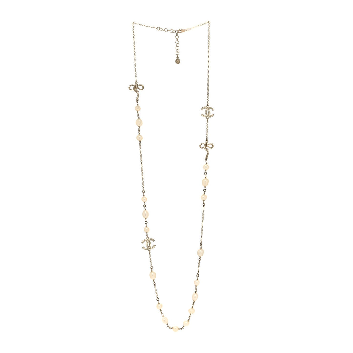 Crystal Pearl CC Bow Long Necklace Light Gold