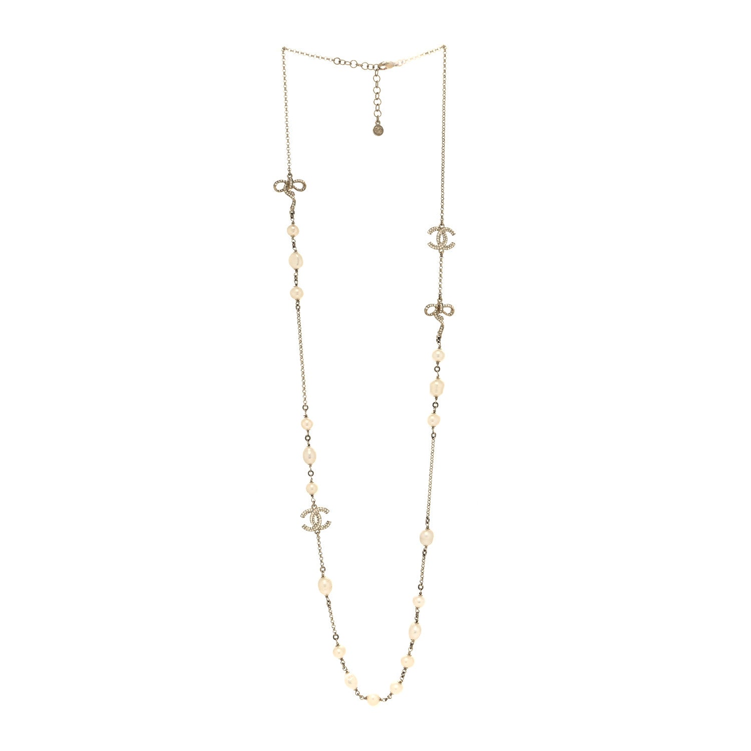 Chanel Crystal Pearl CC Bow Long Necklace Light Gold 3 of 5