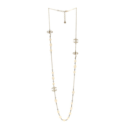 Chanel Crystal Pearl CC Bow Long Necklace Light Gold 3 of 5