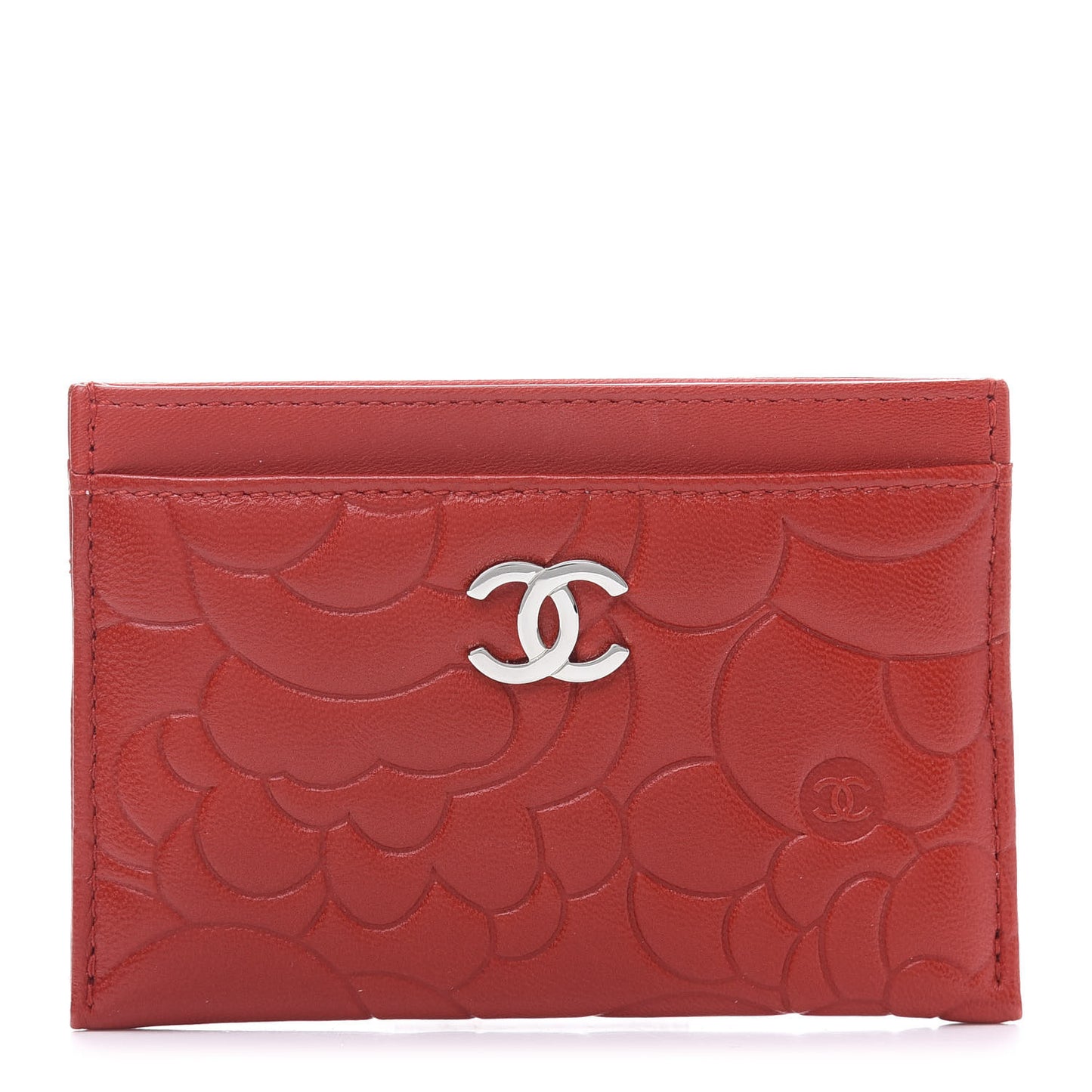Lambskin Camellia Embossed Card Holder Red