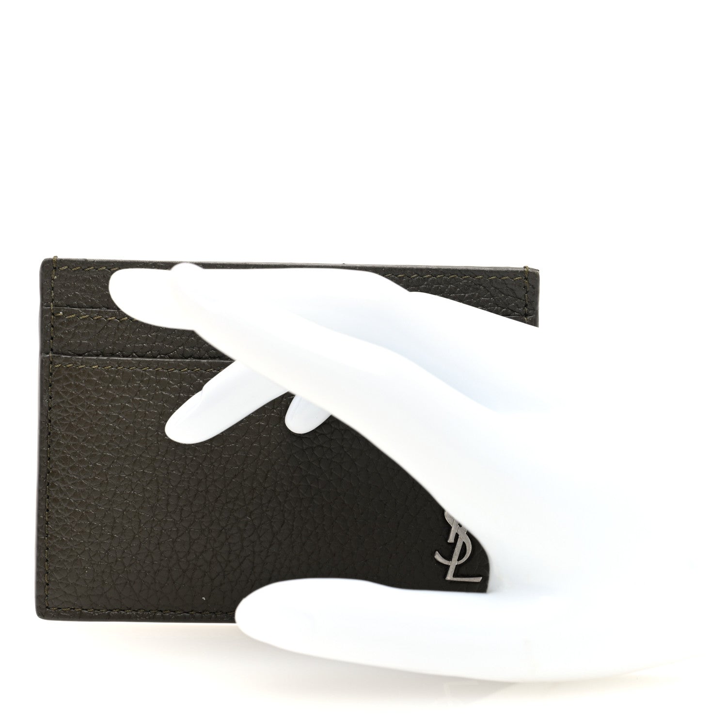 Saint Laurent Grained Calfskin Tiny Cassandre Credit Card Case Dark Khaki 2 of 7