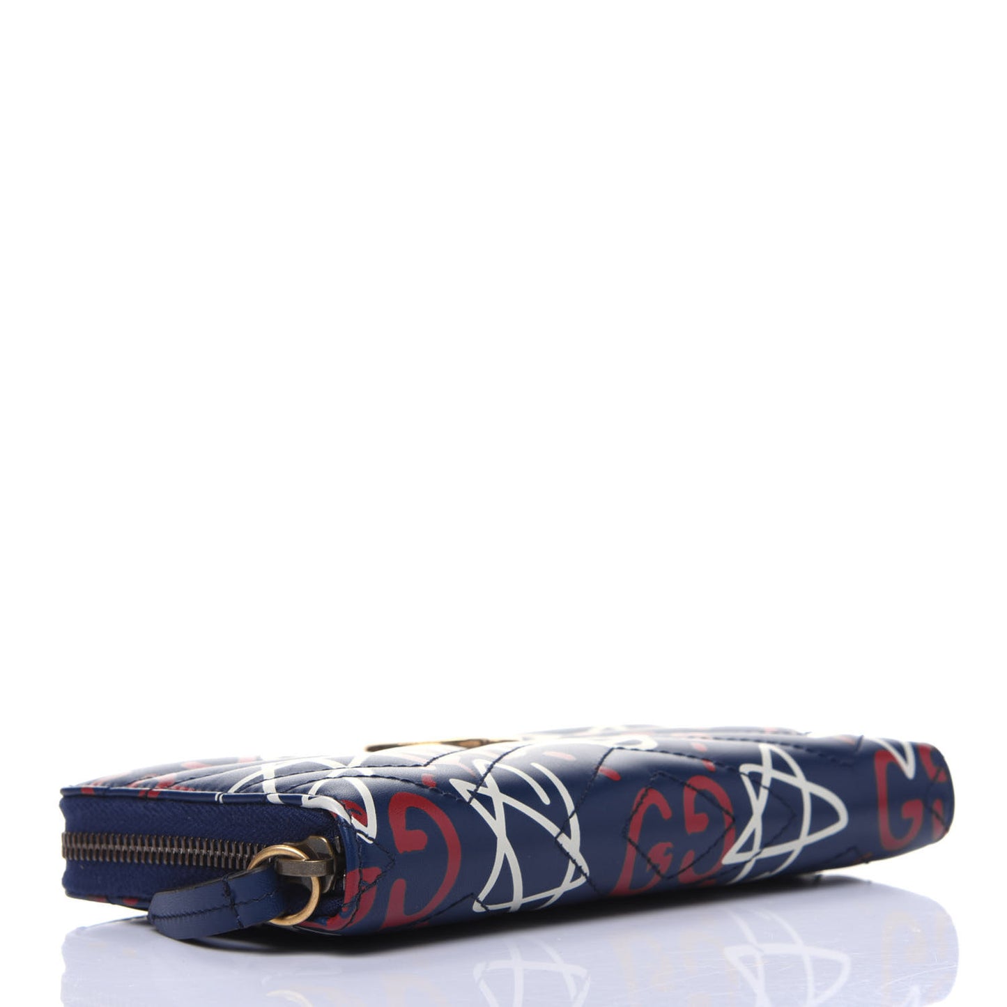 Calfskin Matelasse GucciGhost GG Marmont Zip Around Wallet Blue Agata Hibiscus Red
