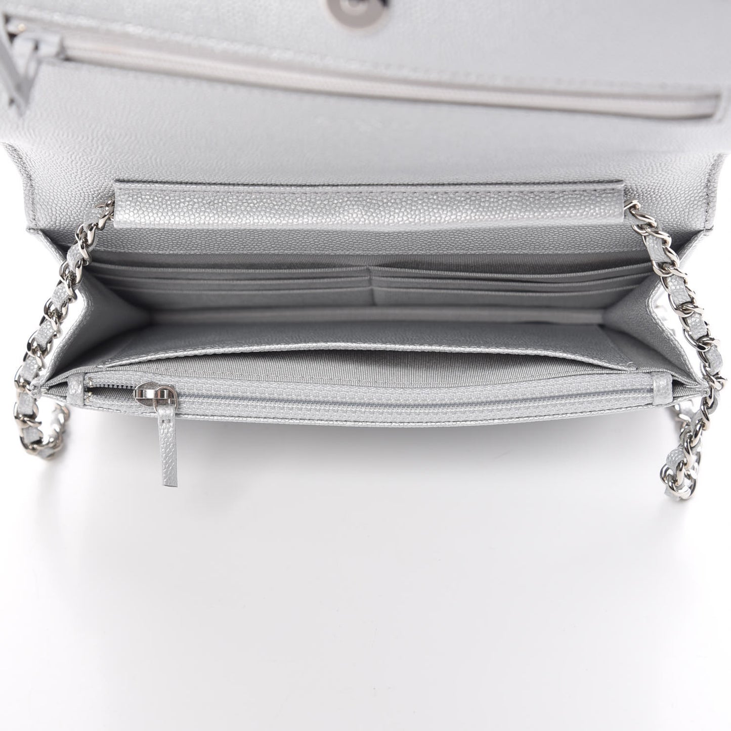 Metallic Caviar Chevron Quilted Vintage Mademoiselle Wallet On Chain WOC Silver