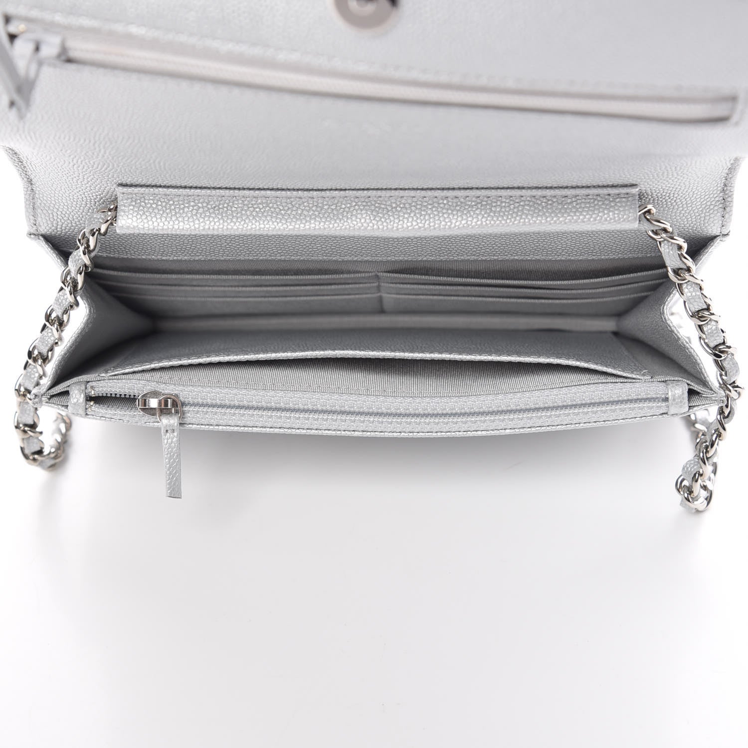 Chanel Metallic Caviar Chevron Quilted Vintage Mademoiselle Wallet On Chain WOC Silver 5 of 9