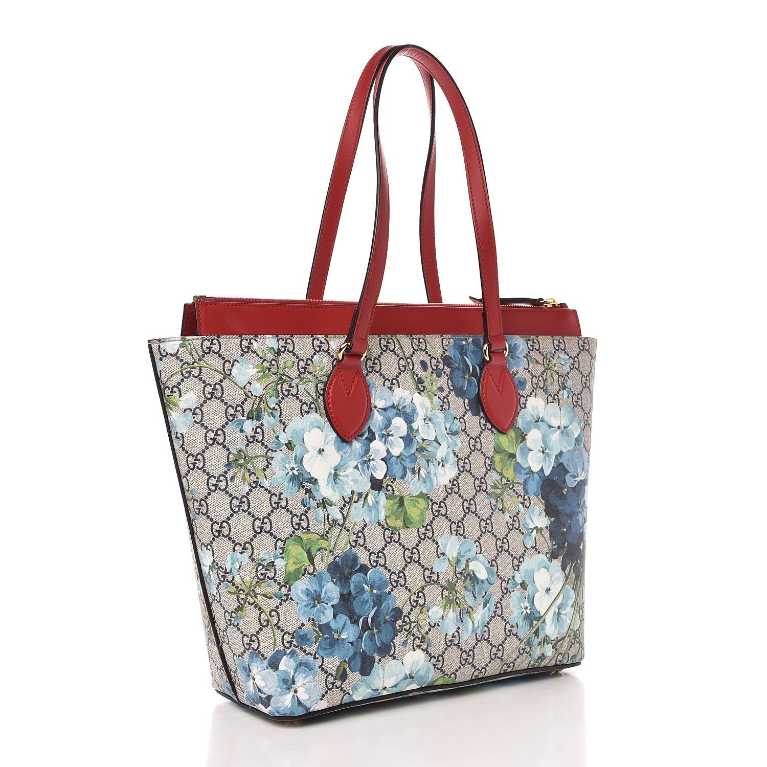Gucci GG Supreme Monogram Blooms Medium Zippered Bucket Tote Beige Blue Navy Hibiscus Red 3 of 7
