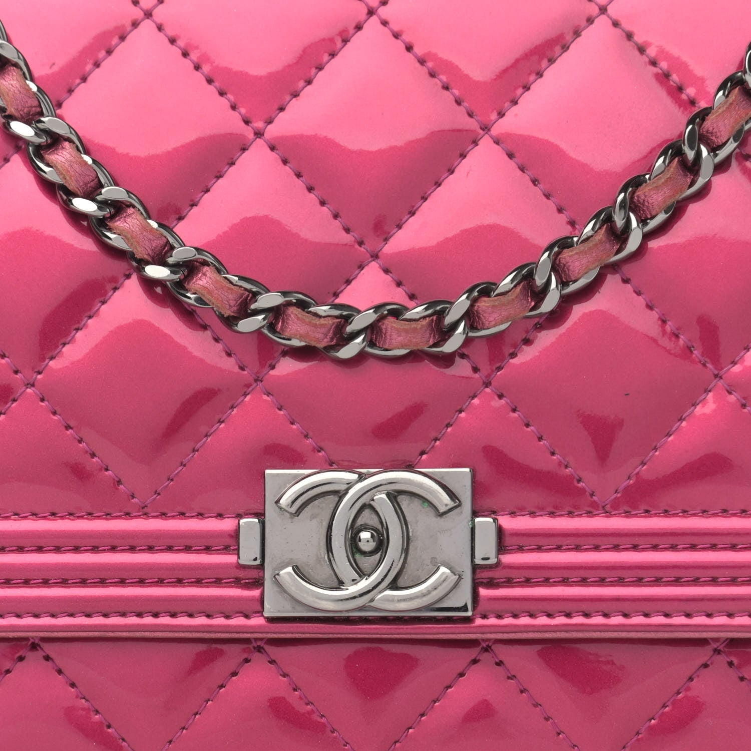 Chanel Metallic Patent Calfskin Quilted Boy Wallet On Chain WOC Fuchsia 10 of 20