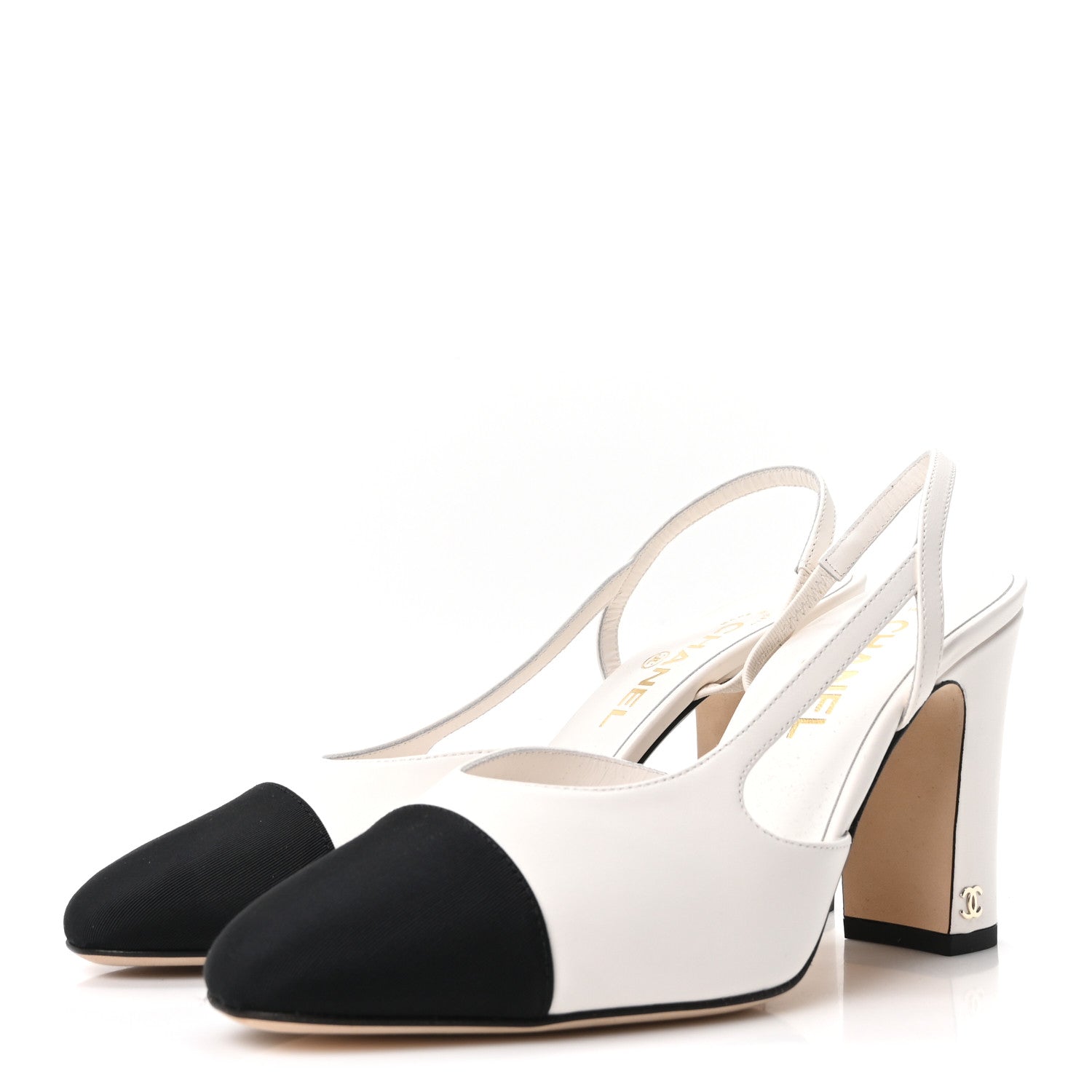 Chanel Lambskin Grosgrain Cap Toe CC Slingback Pumps 40 White Black 4 of 10