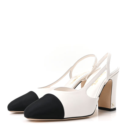Chanel Lambskin Grosgrain Cap Toe CC Slingback Pumps 40 White Black 4 of 10