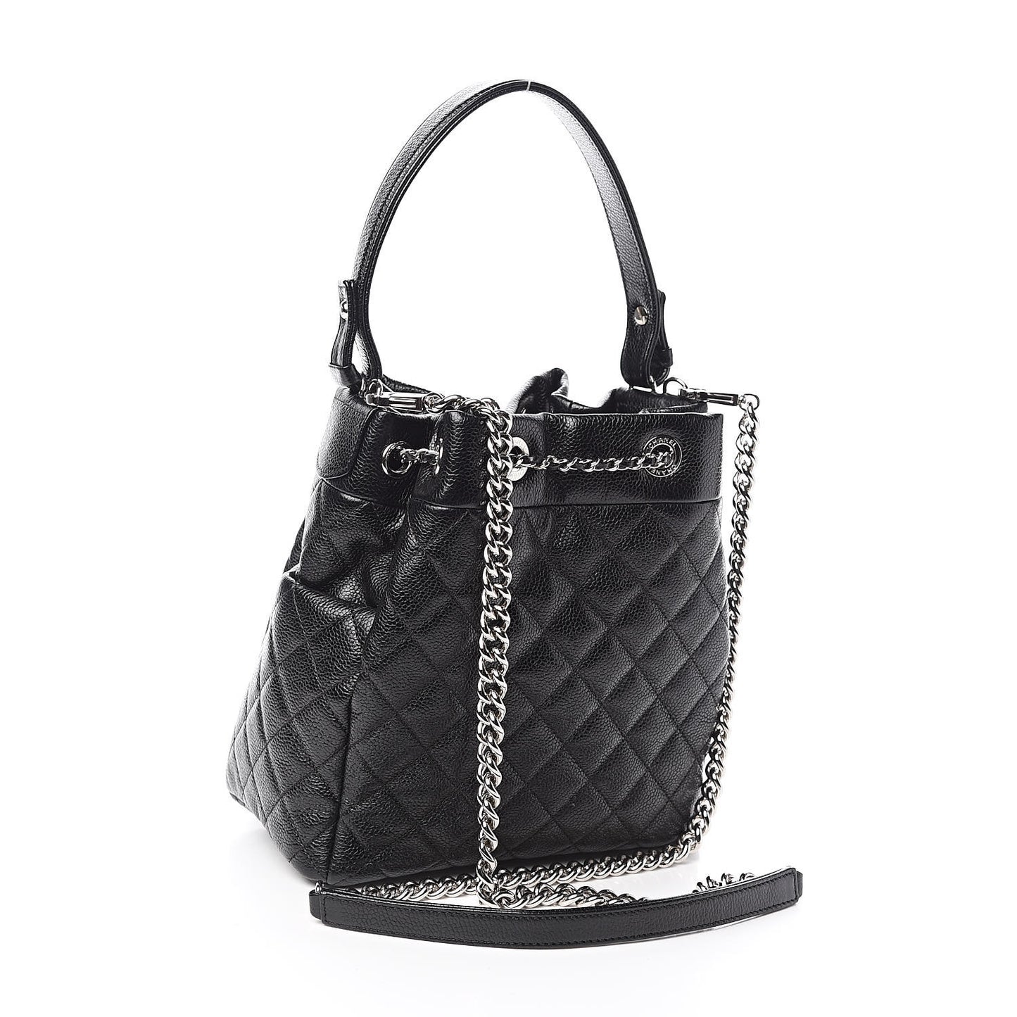 Grained Calfskin Quilted CC Chain Bucket Drawstring Bag Black