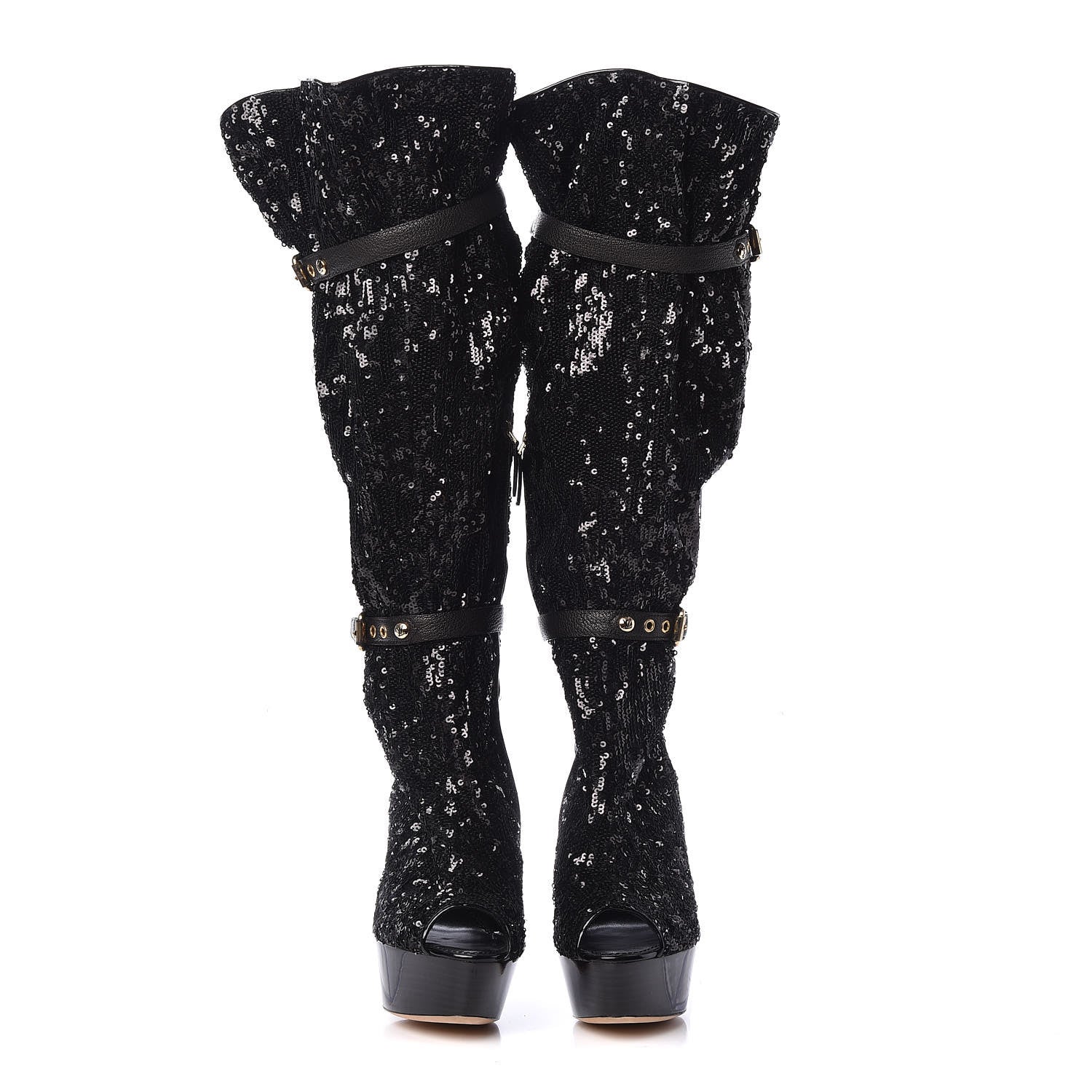 Louis Vuitton Sequin Peep Toe Tall Boots 38.5 Black 2 of 9