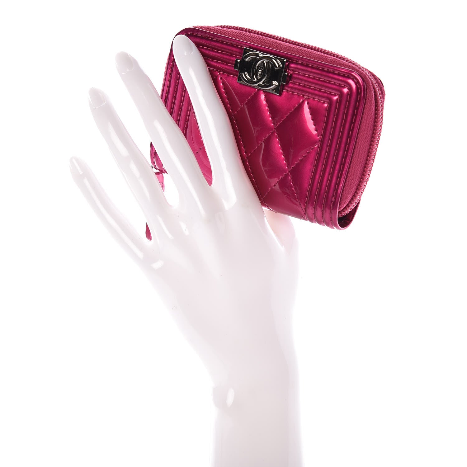 Chanel Metallic Patent Quilted Zip Around Boy Coin Purse Wallet Fuchsia 2 of 8