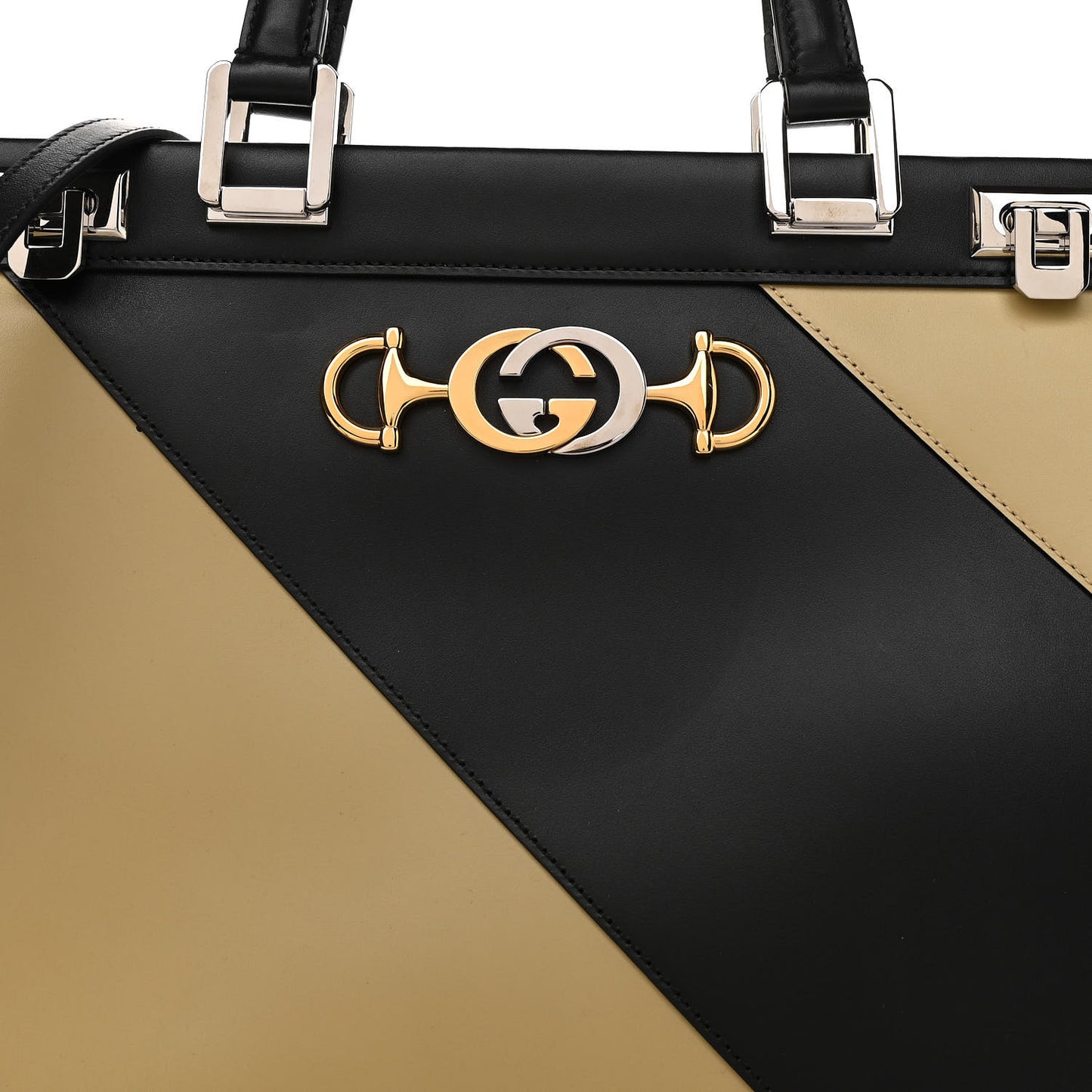 Smooth Calfskin Diagonal Striped Medium Zumi Top Handle Bag Black Beige