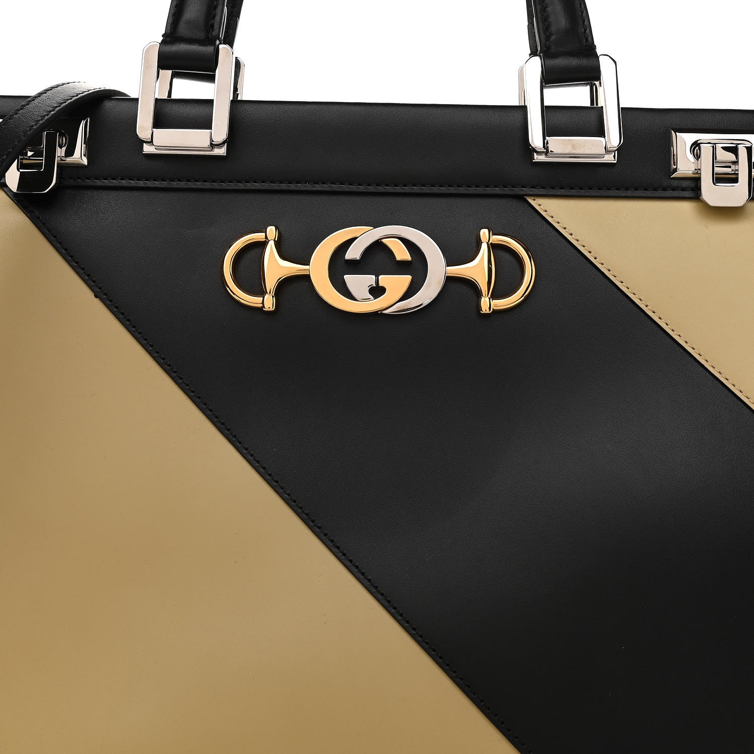 Gucci Smooth Calfskin Diagonal Striped Medium Zumi Top Handle Bag Black Beige 9 of 13