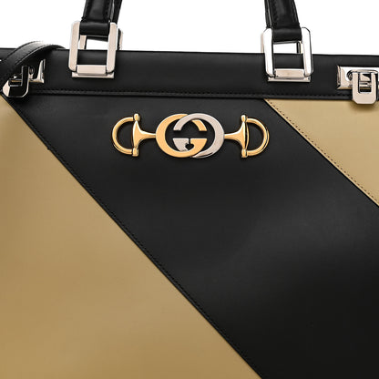 Gucci Smooth Calfskin Diagonal Striped Medium Zumi Top Handle Bag Black Beige 9 of 13