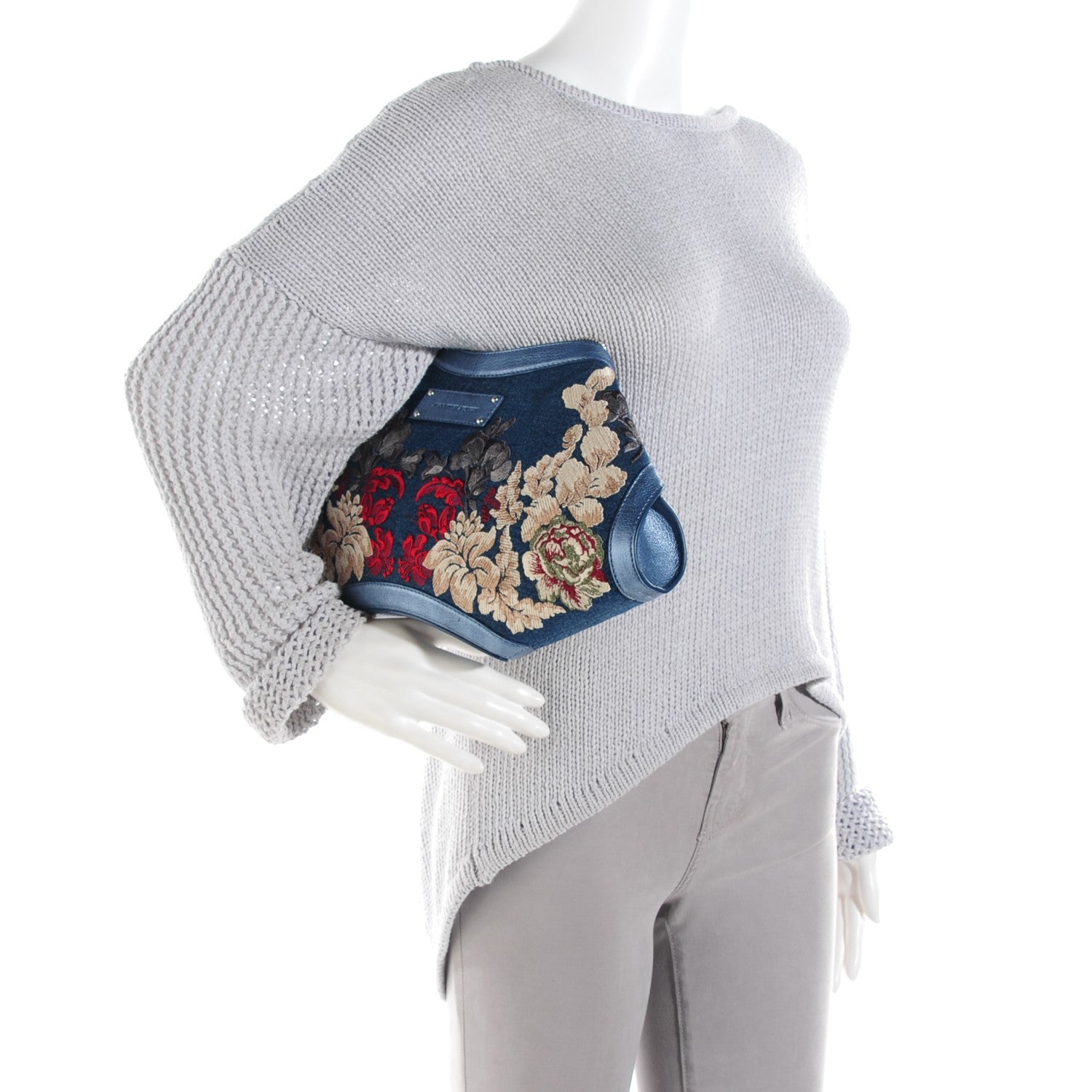 Alexander McQueen Denim Floral Embroidered De Manta Clutch 2 of 7