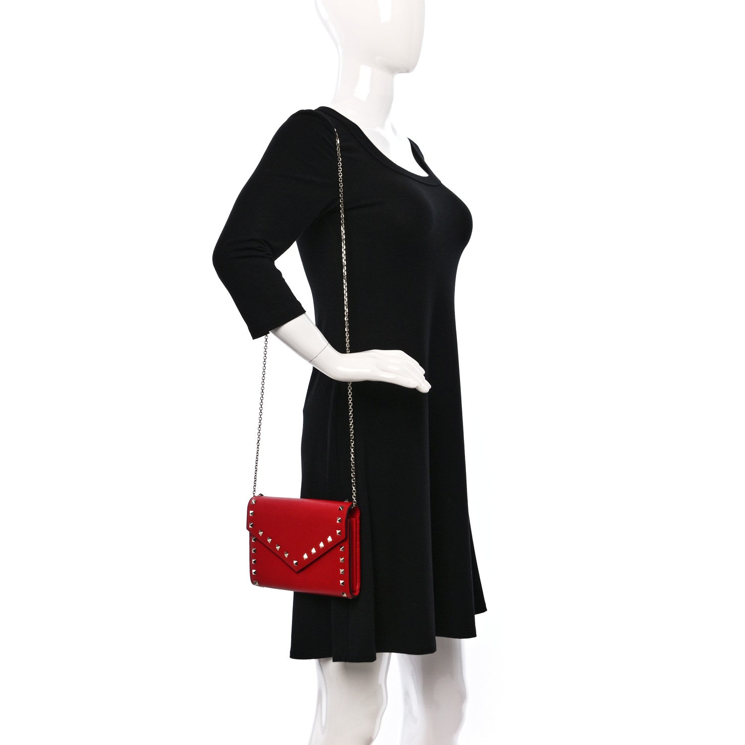 Valentino Garavani Pebbled Calfskin Rockstud Envelope Wallet on Chain Rouge Pur 2 of 12